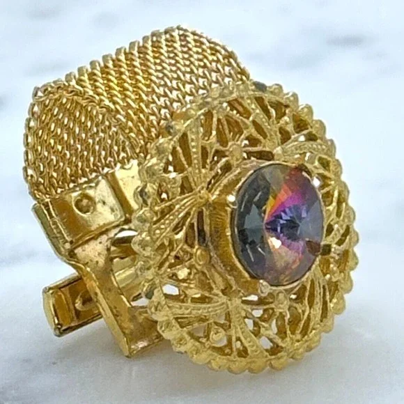 Vintage Round Prismatic Rivoli Gem Gold Tone Mesh Wrap Around Single Cufflink - Picture 3 of 12